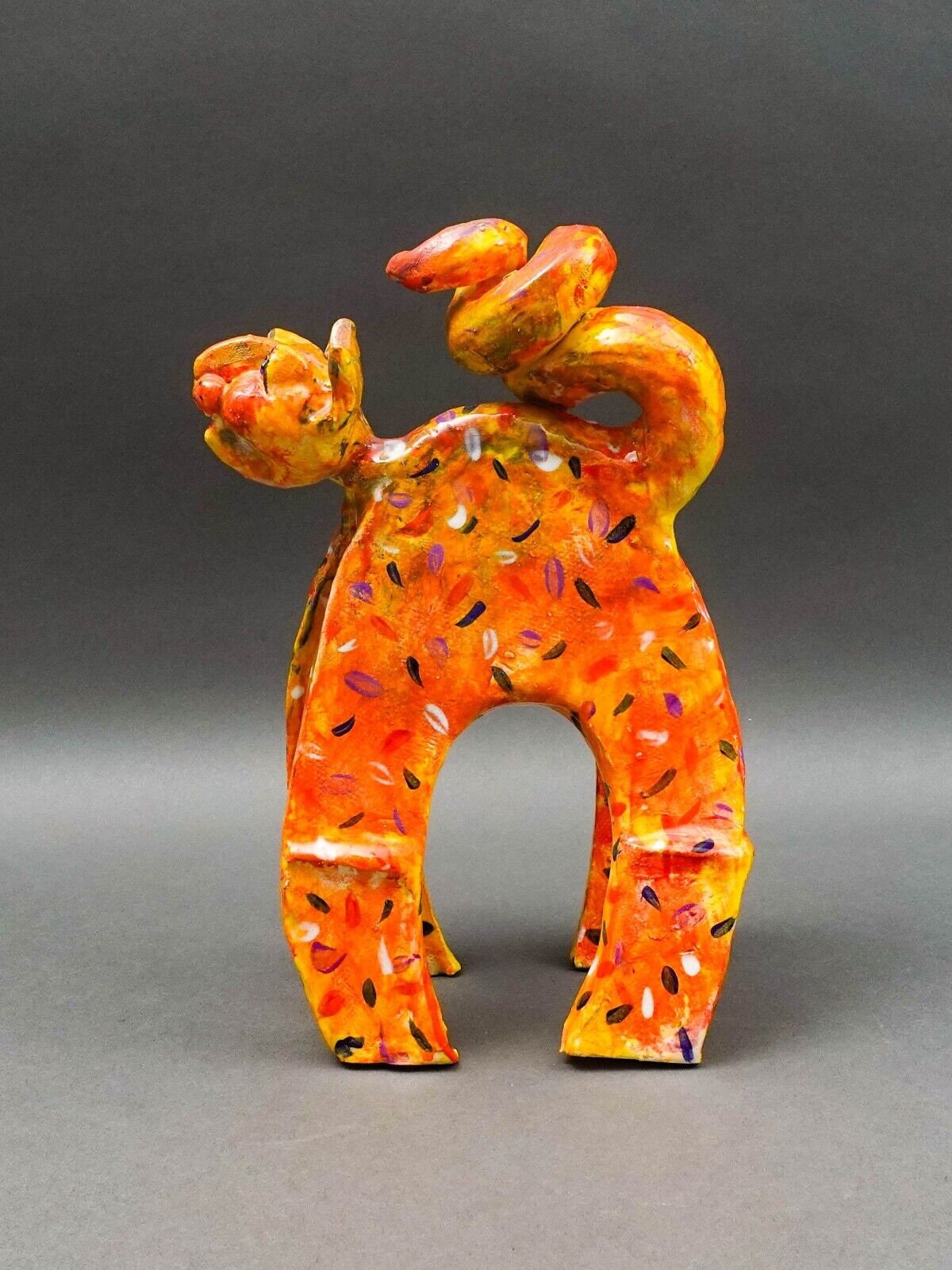 Whimsical Signed Studio Art Pottery Ceramic Cat Figurine Sculpture 11 1/4"