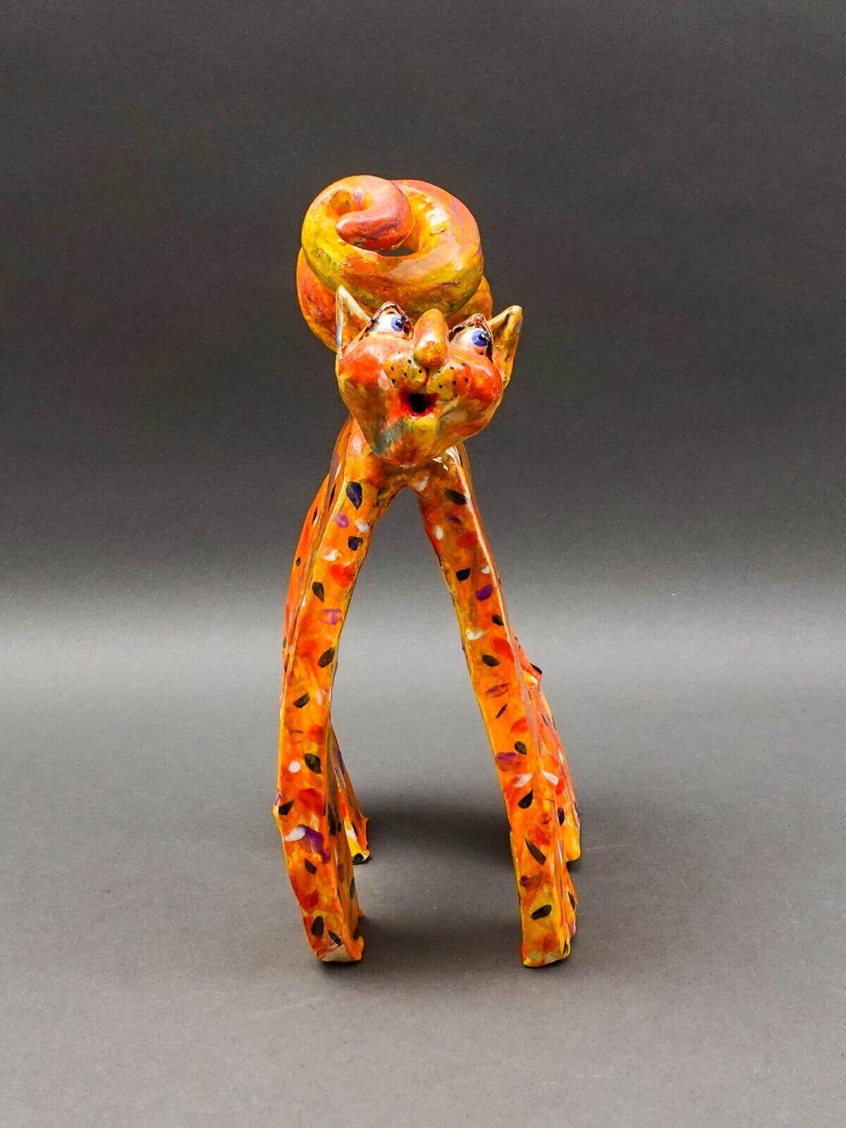 Whimsical Signed Studio Art Pottery Ceramic Cat Figurine Sculpture 11 1/4"