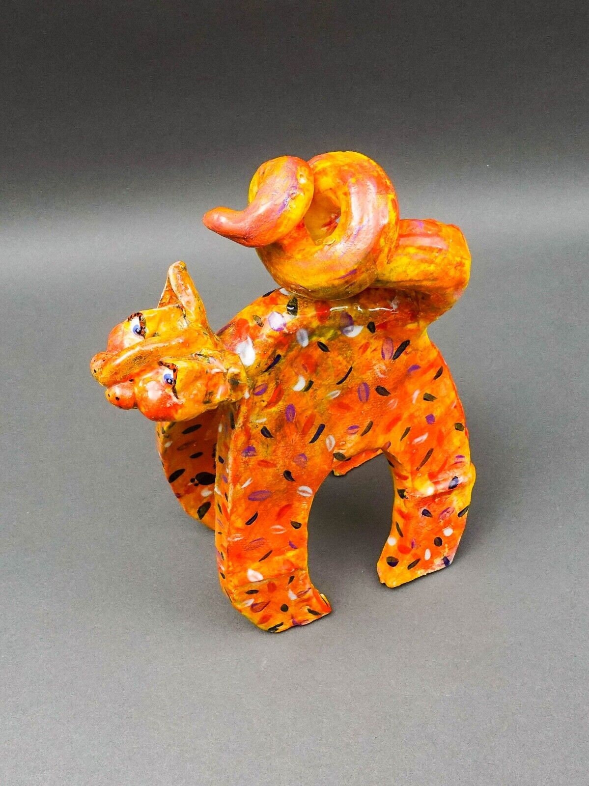 Whimsical Signed Studio Art Pottery Ceramic Cat Figurine Sculpture 11 1/4"