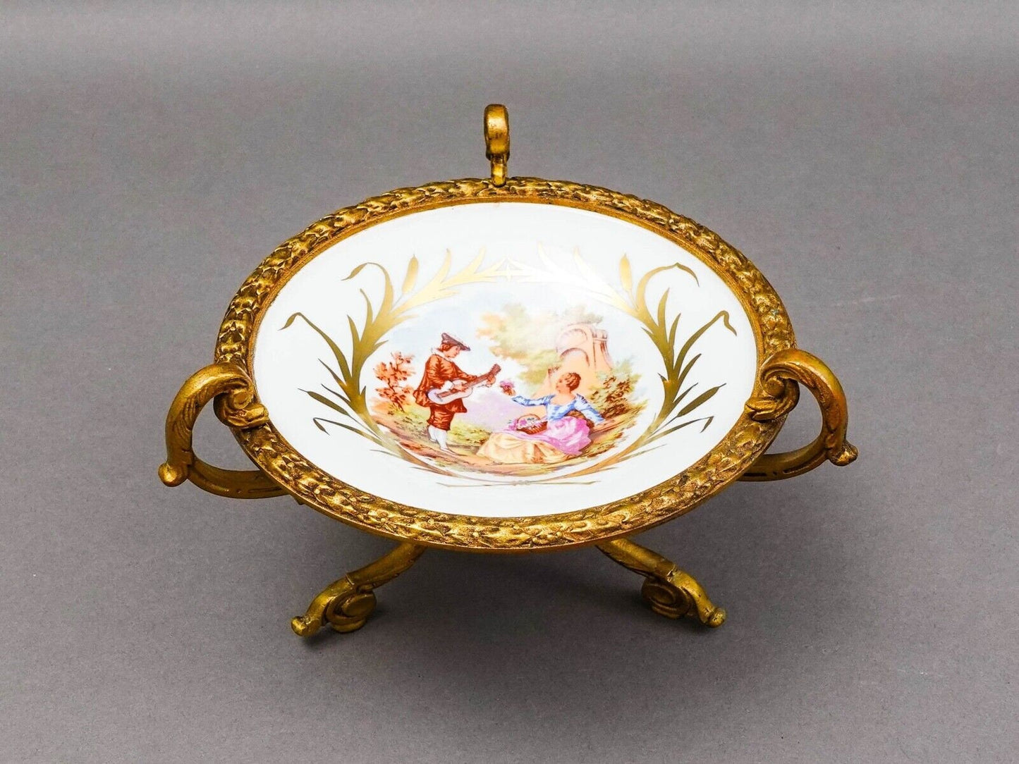 Sevres France Antique Fragonard Hand Painted Porcelain Bronze Ormolu Tazza Bowl