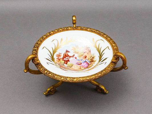 Sevres France Antique Fragonard Hand Painted Porcelain Bronze Ormolu Tazza Bowl