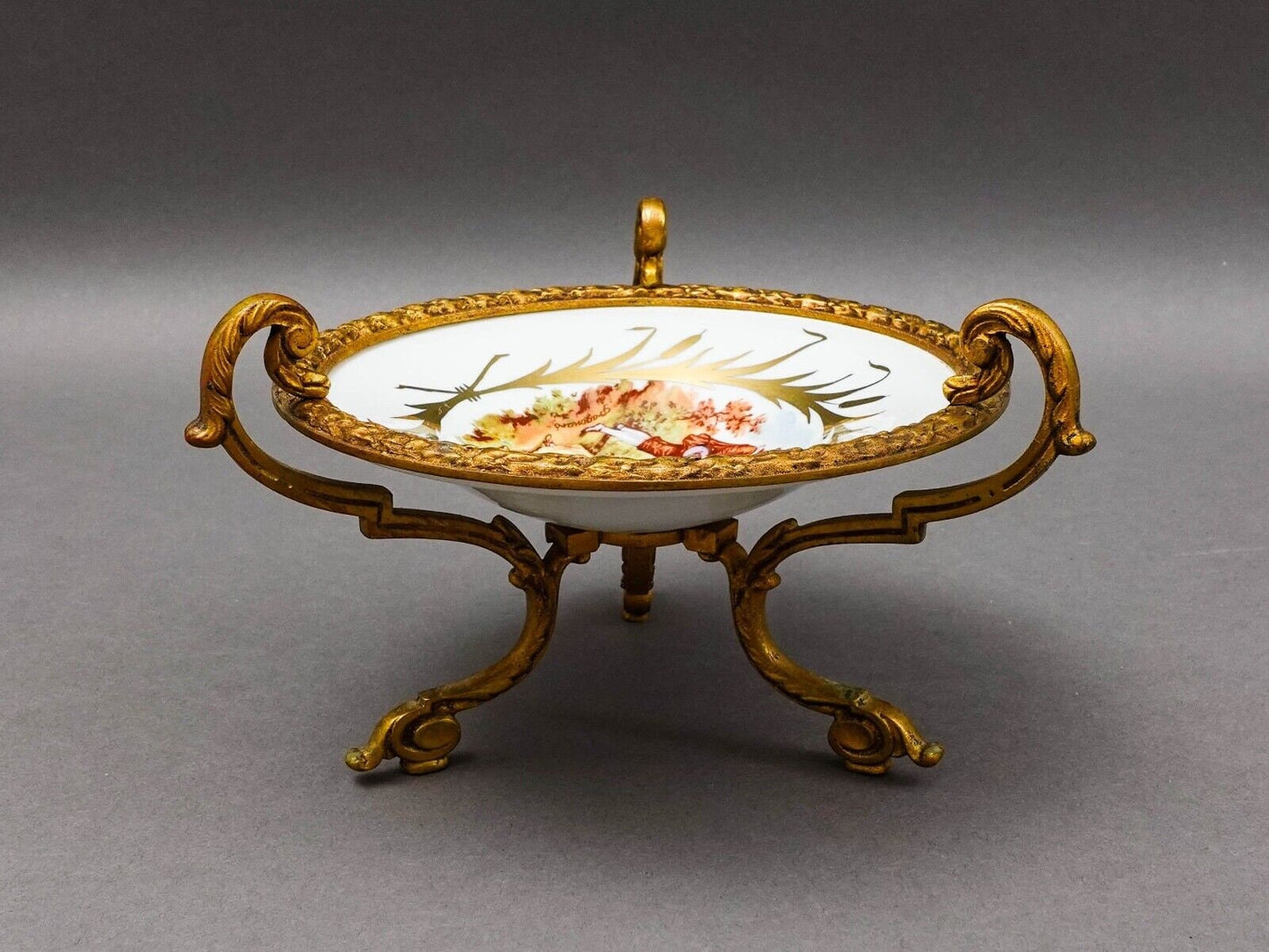 Sevres France Antique Fragonard Hand Painted Porcelain Bronze Ormolu Tazza Bowl