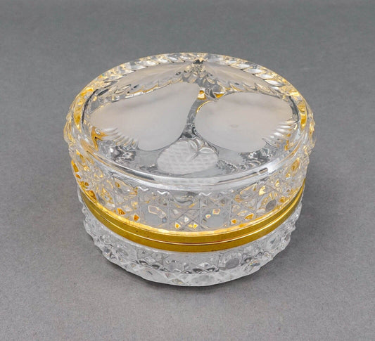 Vintage Cut Crystal Glass Round Dresser Trinket Jewelry Hinged Box Casket Fruits