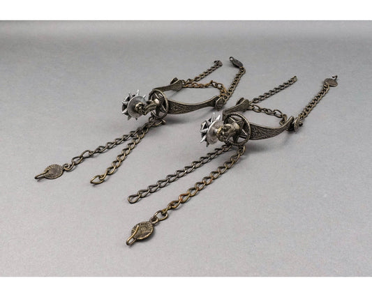 Vintage Pair Of Argentina Gaucho Spurs Cowboy 9 Point Coin Rowels With Chains