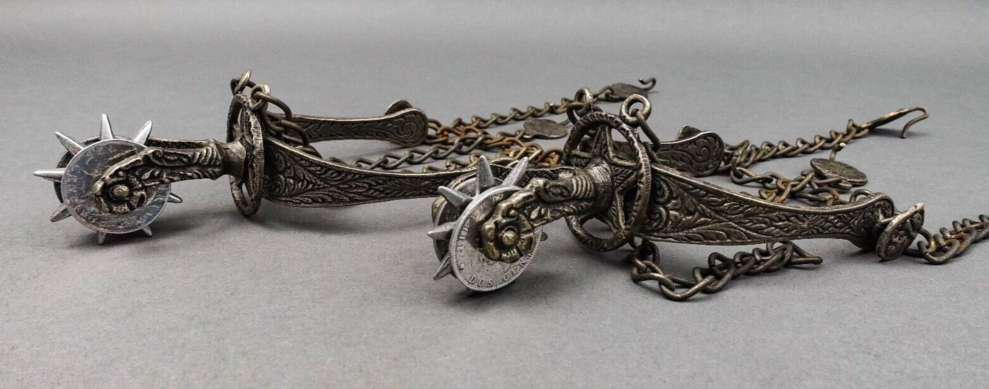 Vintage Pair Of Argentina Gaucho Spurs Cowboy 9 Point Coin Rowels With Chains