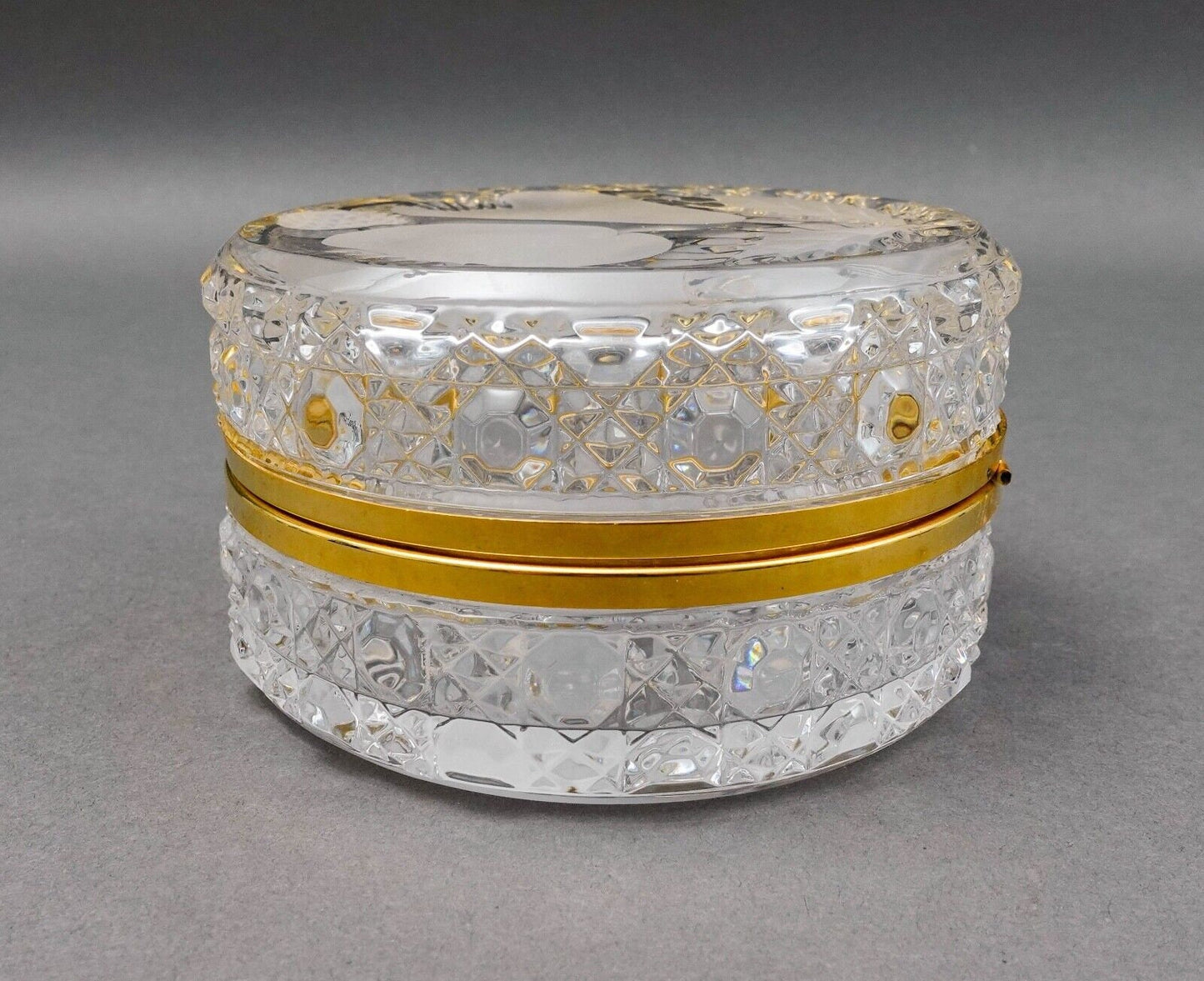 Vintage Cut Crystal Glass Round Dresser Trinket Jewelry Hinged Box Casket Fruits