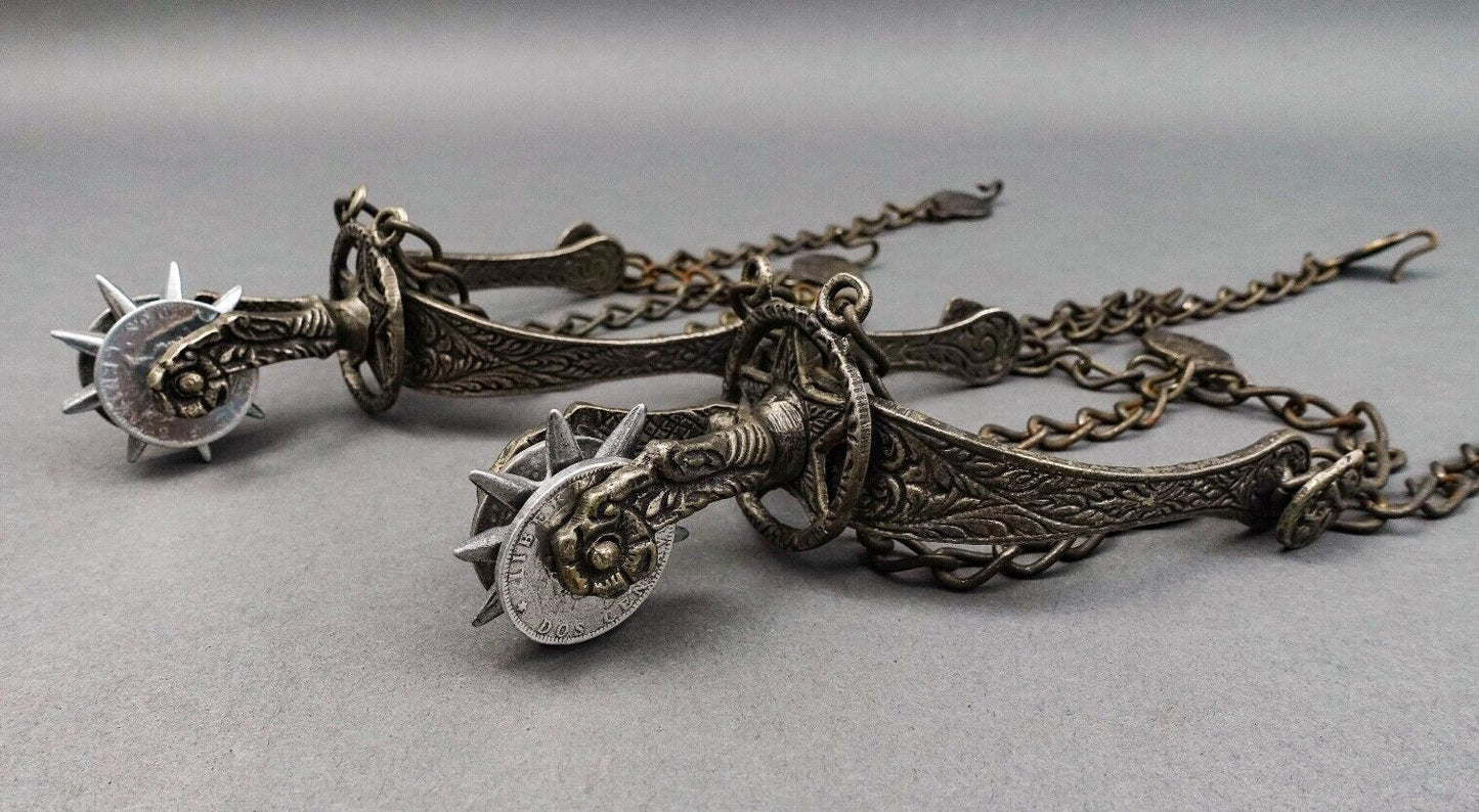 Vintage Pair Of Argentina Gaucho Spurs Cowboy 9 Point Coin Rowels With Chains