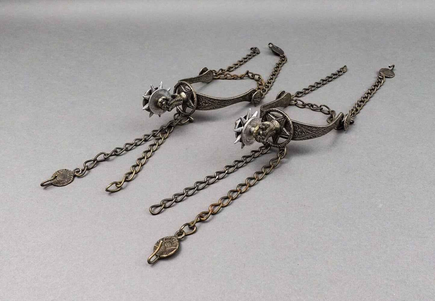 Vintage Pair Of Argentina Gaucho Spurs Cowboy 9 Point Coin Rowels With Chains