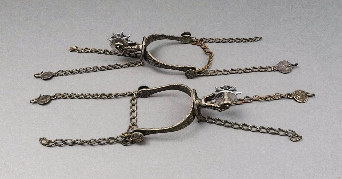 Vintage Pair Of Argentina Gaucho Spurs Cowboy 9 Point Coin Rowels With Chains
