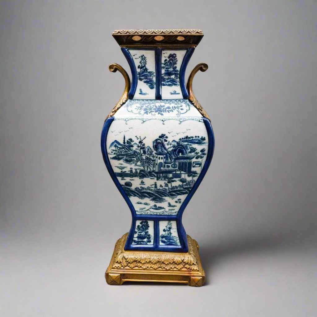 Castilian Vintage Chinese Blue White Porcelain Bronze Ormolu Large Urn Vase 18"
