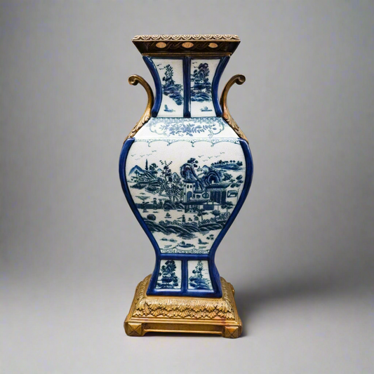 Castilian Vintage Chinese Blue White Porcelain Bronze Ormolu Large Urn Vase 18"