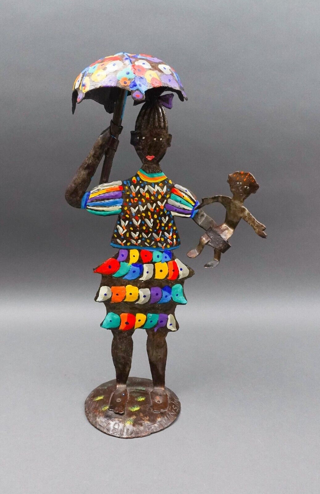 Winston Cajuste (20th C, Haiti) Signed Folk Art Metal Fgurine Sculpture 17 1/4"