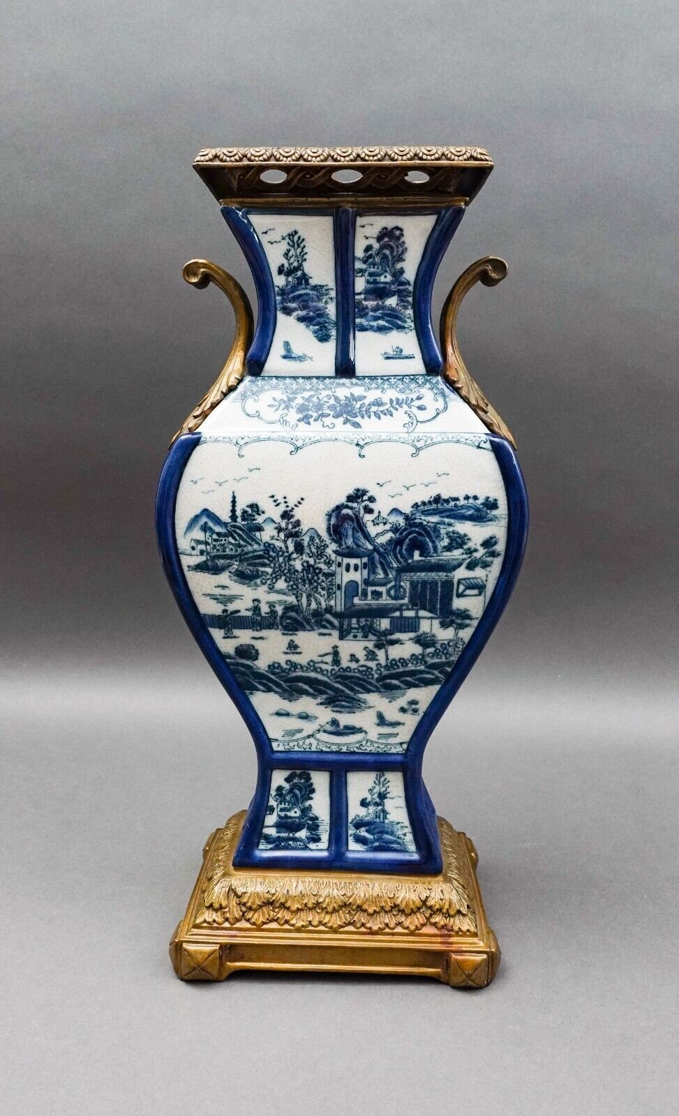 Castilian Vintage Chinese Blue White Porcelain Bronze Ormolu Large Urn Vase 18"