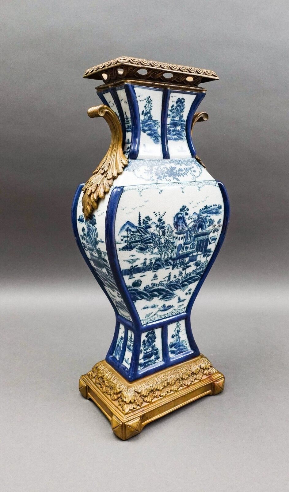 Castilian Vintage Chinese Blue White Porcelain Bronze Ormolu Large Urn Vase 18"