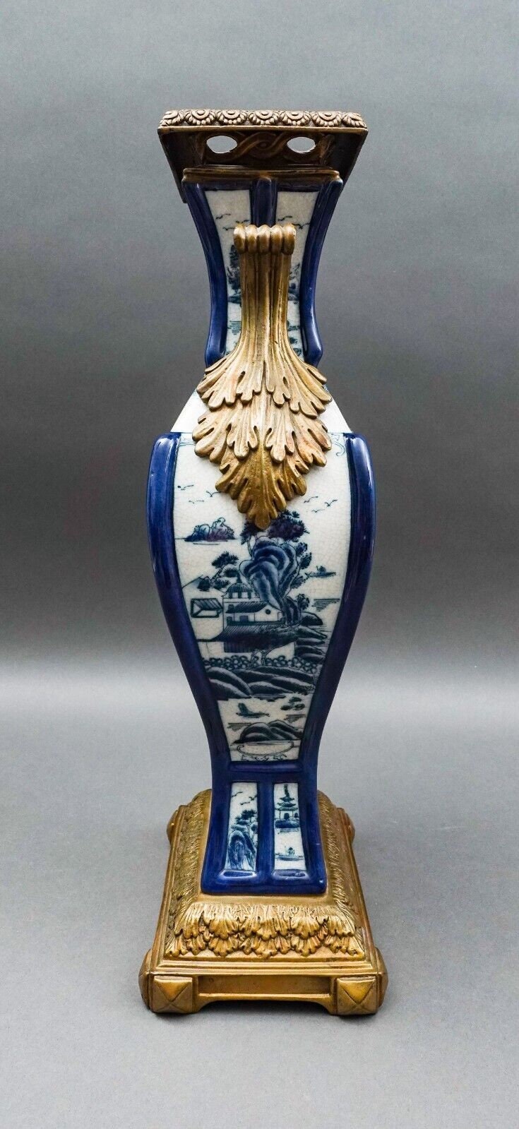 Castilian Vintage Chinese Blue White Porcelain Bronze Ormolu Large Urn Vase 18"