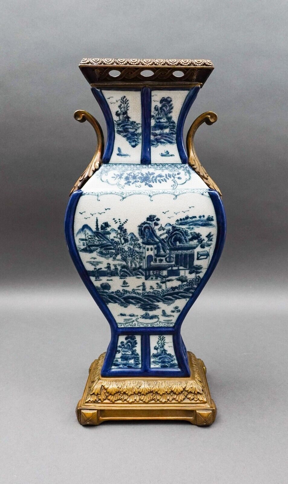 Castilian Vintage Chinese Blue White Porcelain Bronze Ormolu Large Urn Vase 18"