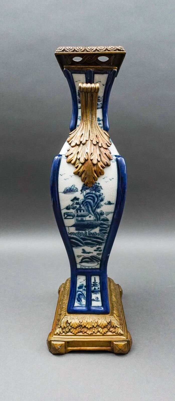 Castilian Vintage Chinese Blue White Porcelain Bronze Ormolu Large Urn Vase 18"