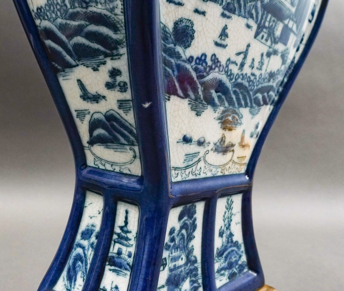 Castilian Vintage Chinese Blue White Porcelain Bronze Ormolu Large Urn Vase 18"