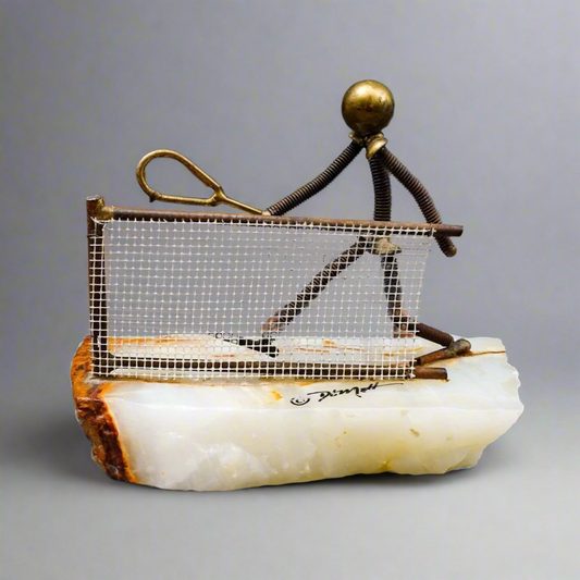 John DeMott Signed Vintage Brass Onyx Base Tennis Player Sculpture