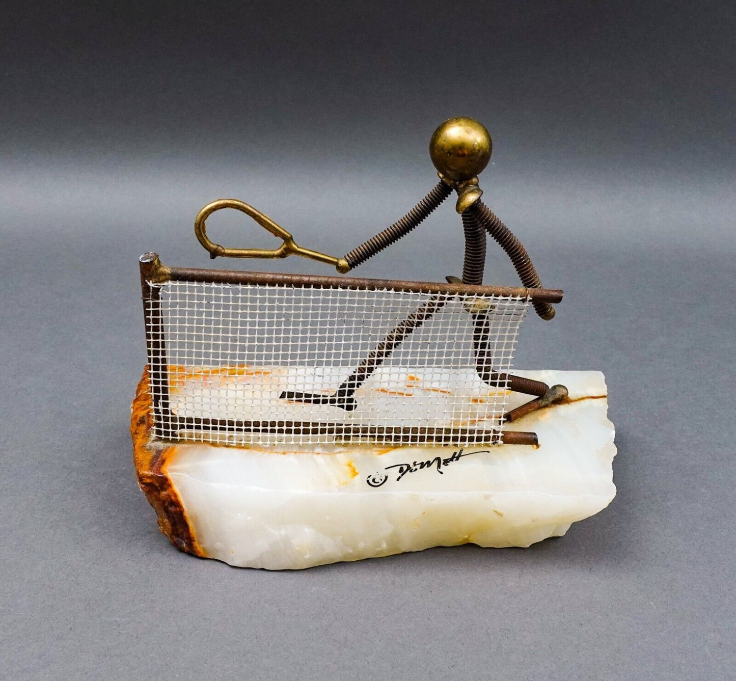 John DeMott Signed Vintage Brass Onyx Base Tennis Player Sculpture