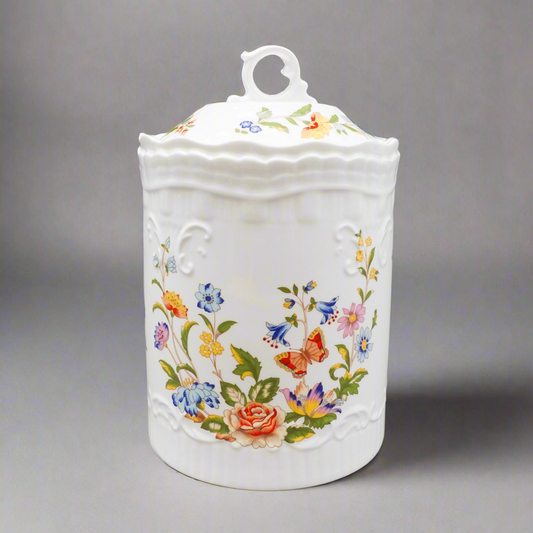 Aynsley England Cottage Garden Floral Covered Biscuit Jar Canister 7 1/2"