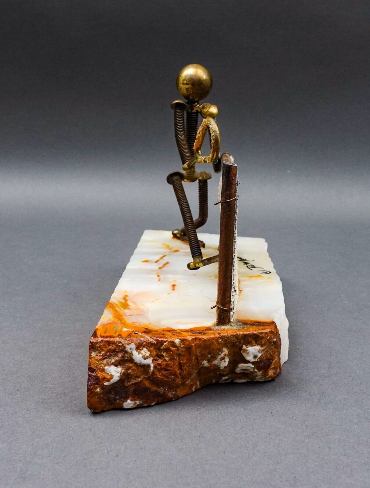 John DeMott Signed Vintage Brass Onyx Base Tennis Player Sculpture