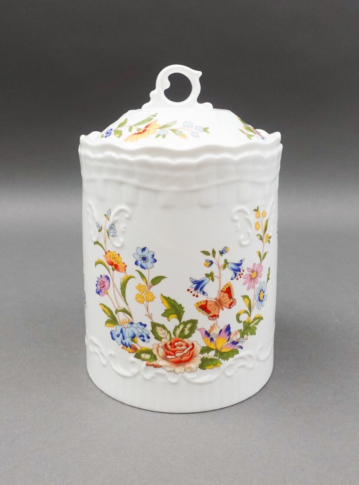 Aynsley England Cottage Garden Floral Covered Biscuit Jar Canister 7 1/2"