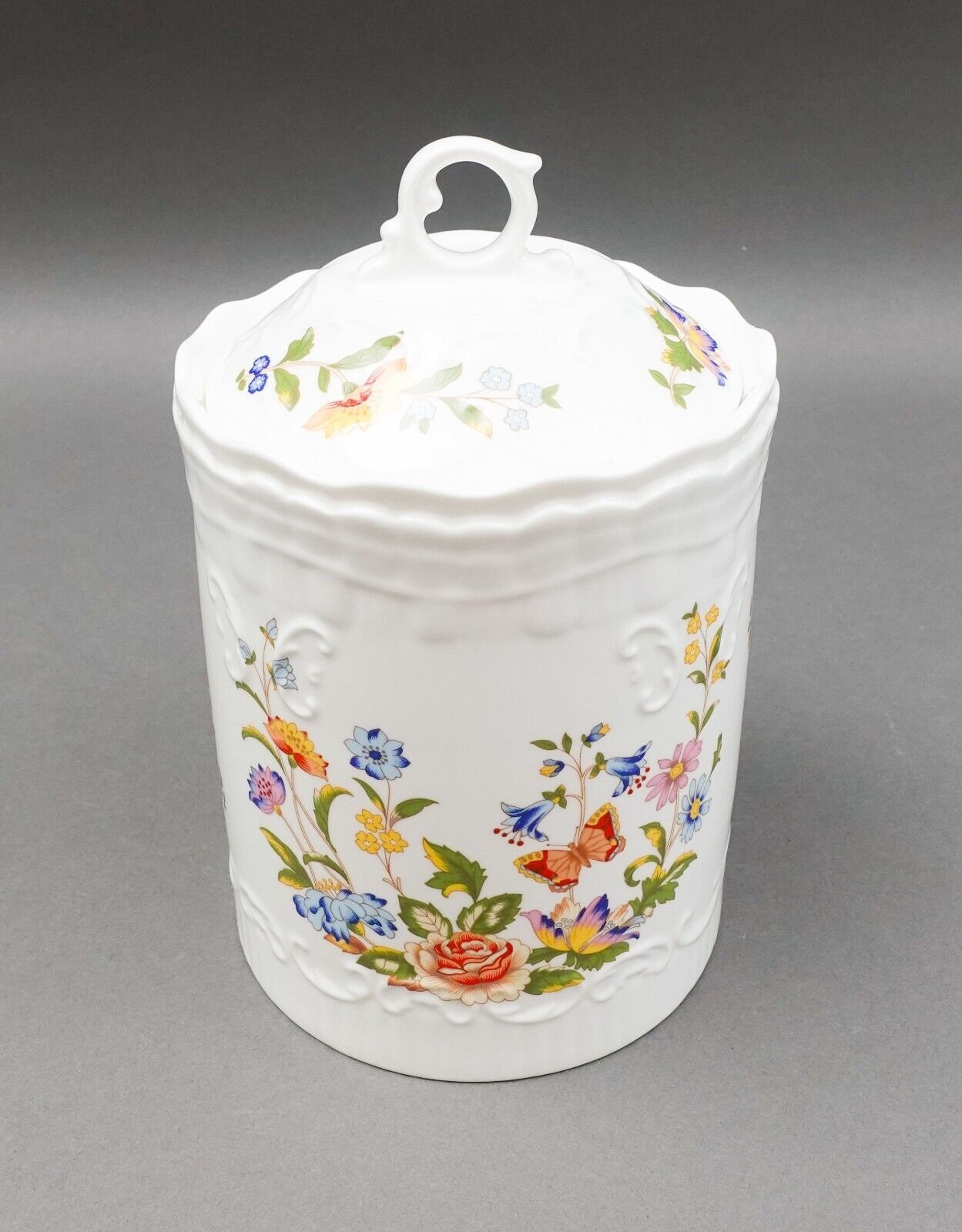 Aynsley England Cottage Garden Floral Covered Biscuit Jar Canister 7 1/2"