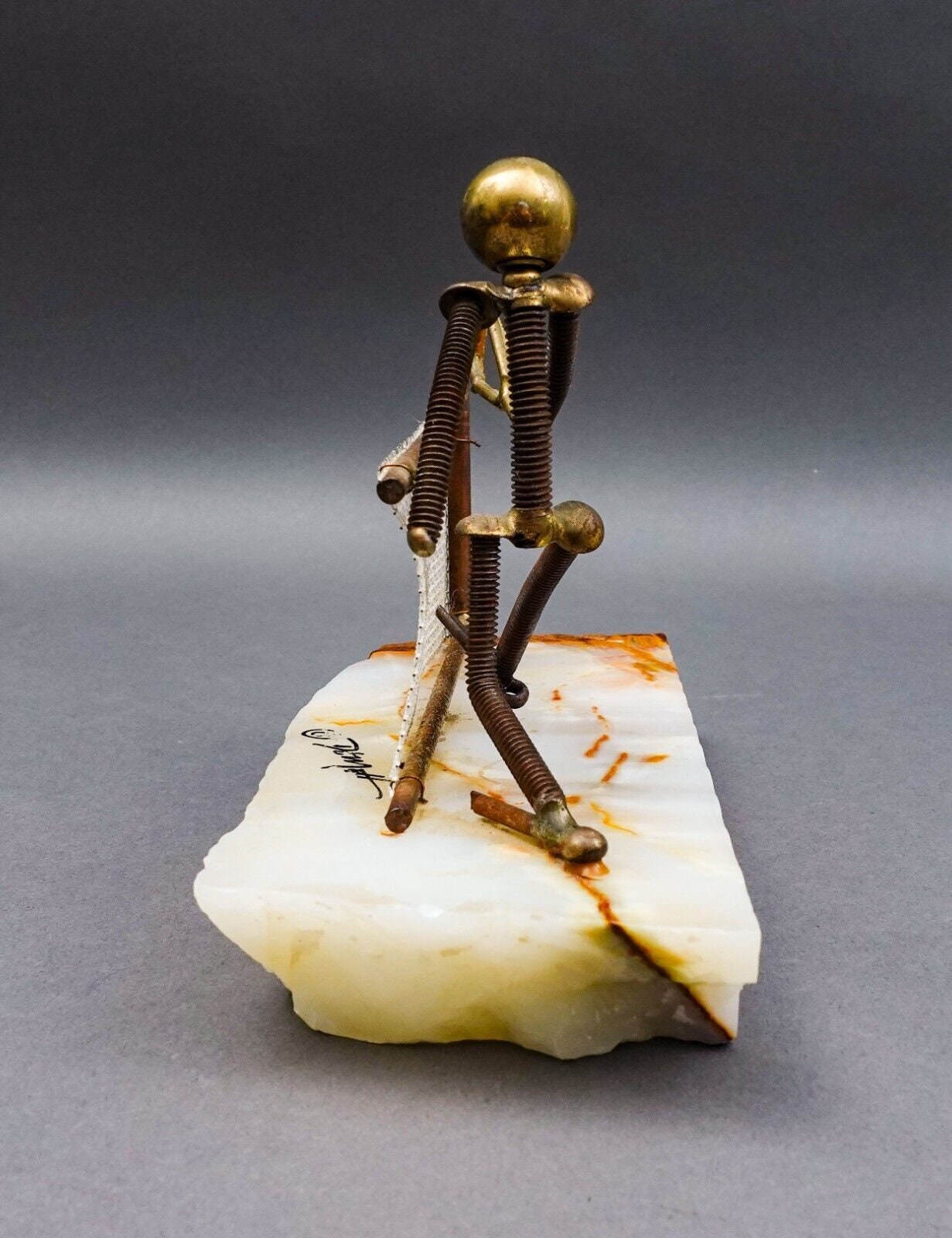John DeMott Signed Vintage Brass Onyx Base Tennis Player Sculpture
