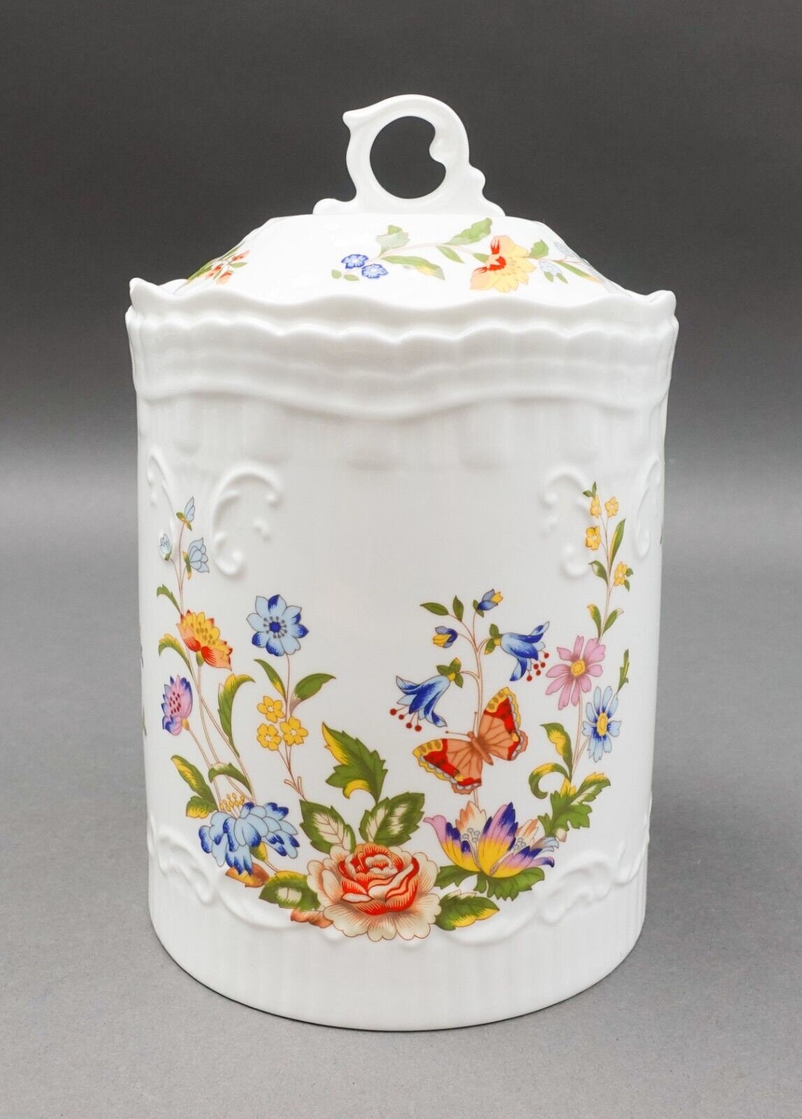Aynsley England Cottage Garden Floral Covered Biscuit Jar Canister 7 1/2"
