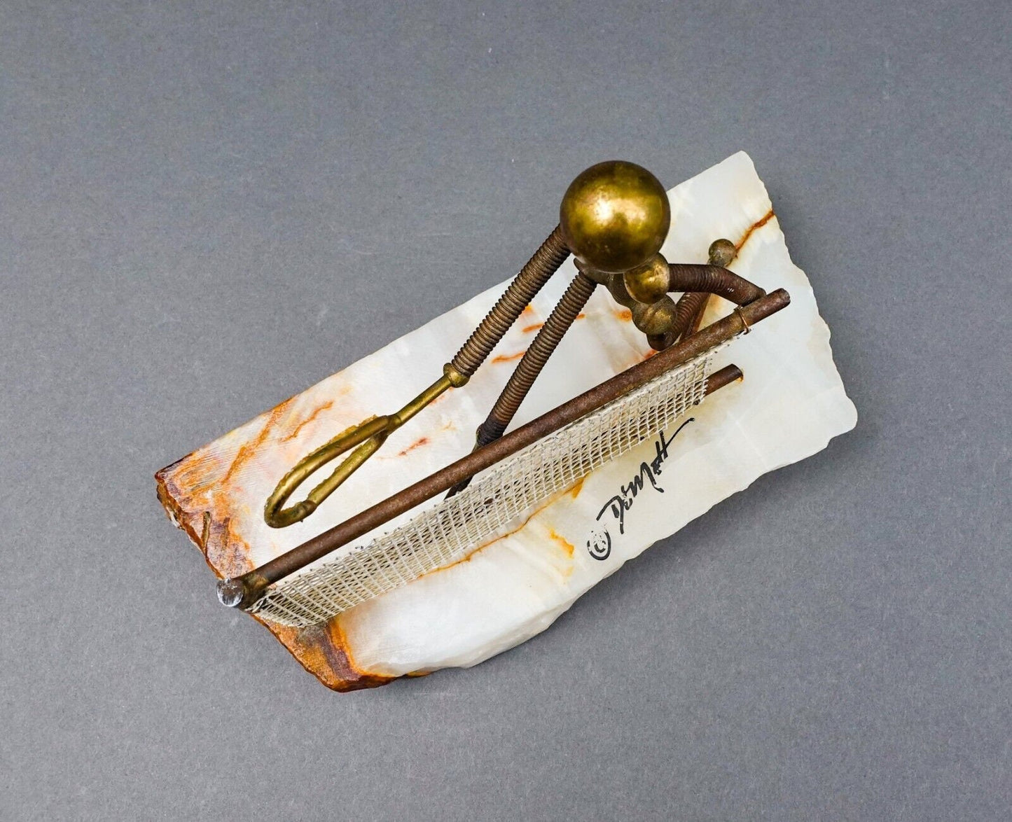 John DeMott Signed Vintage Brass Onyx Base Tennis Player Sculpture