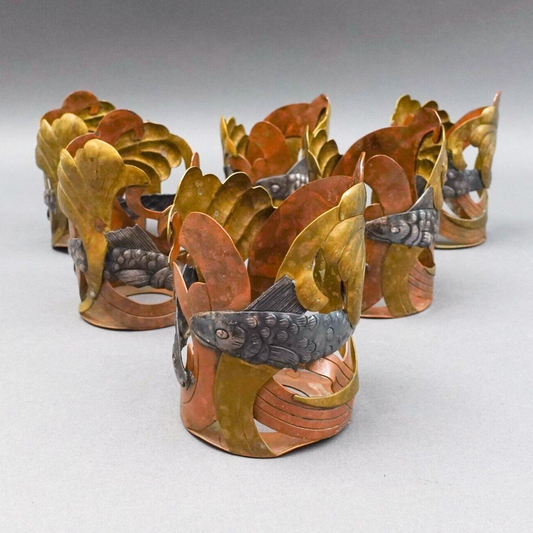 Victoria Taxco Mexico Sterling Fish Mixed Metal Glass Drink Cup Holders Set Of 6