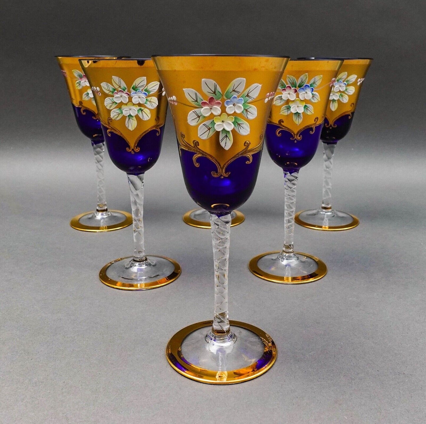 Tre Fuochi Venetian Murano Glass Cobalt Blue 24K Gold Wine Glasses Set Of 6