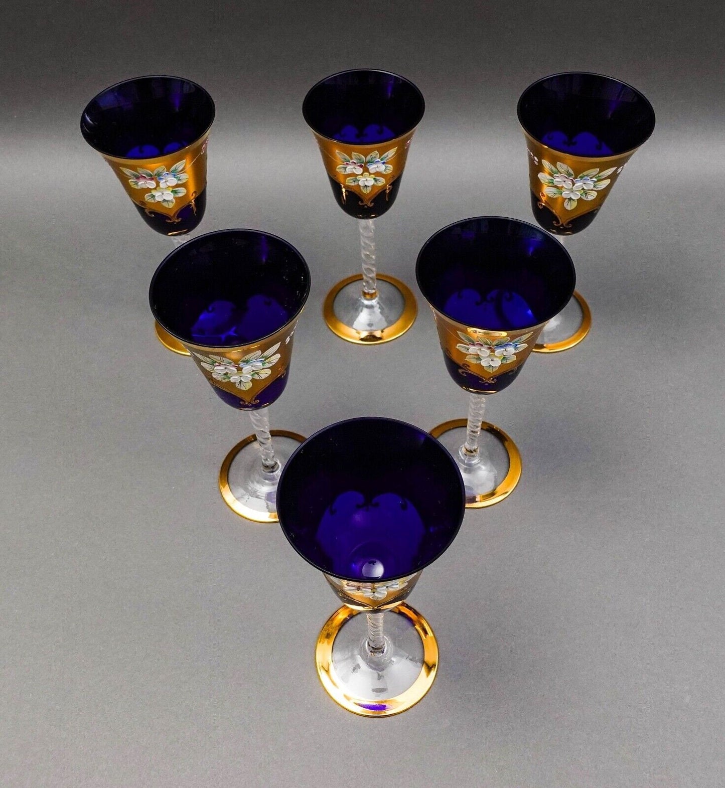 Tre Fuochi Venetian Murano Glass Cobalt Blue 24K Gold Wine Glasses Set Of 6