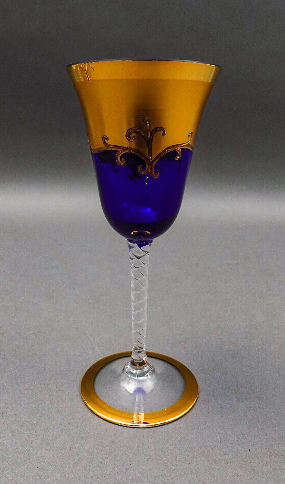 Tre Fuochi Venetian Murano Glass Cobalt Blue 24K Gold Wine Glasses Set Of 6