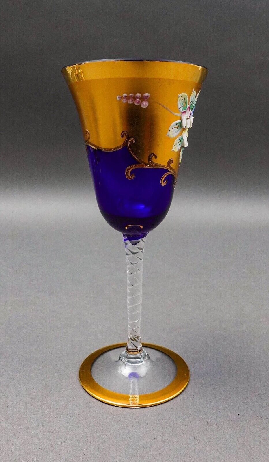 Tre Fuochi Venetian Murano Glass Cobalt Blue 24K Gold Wine Glasses Set Of 6