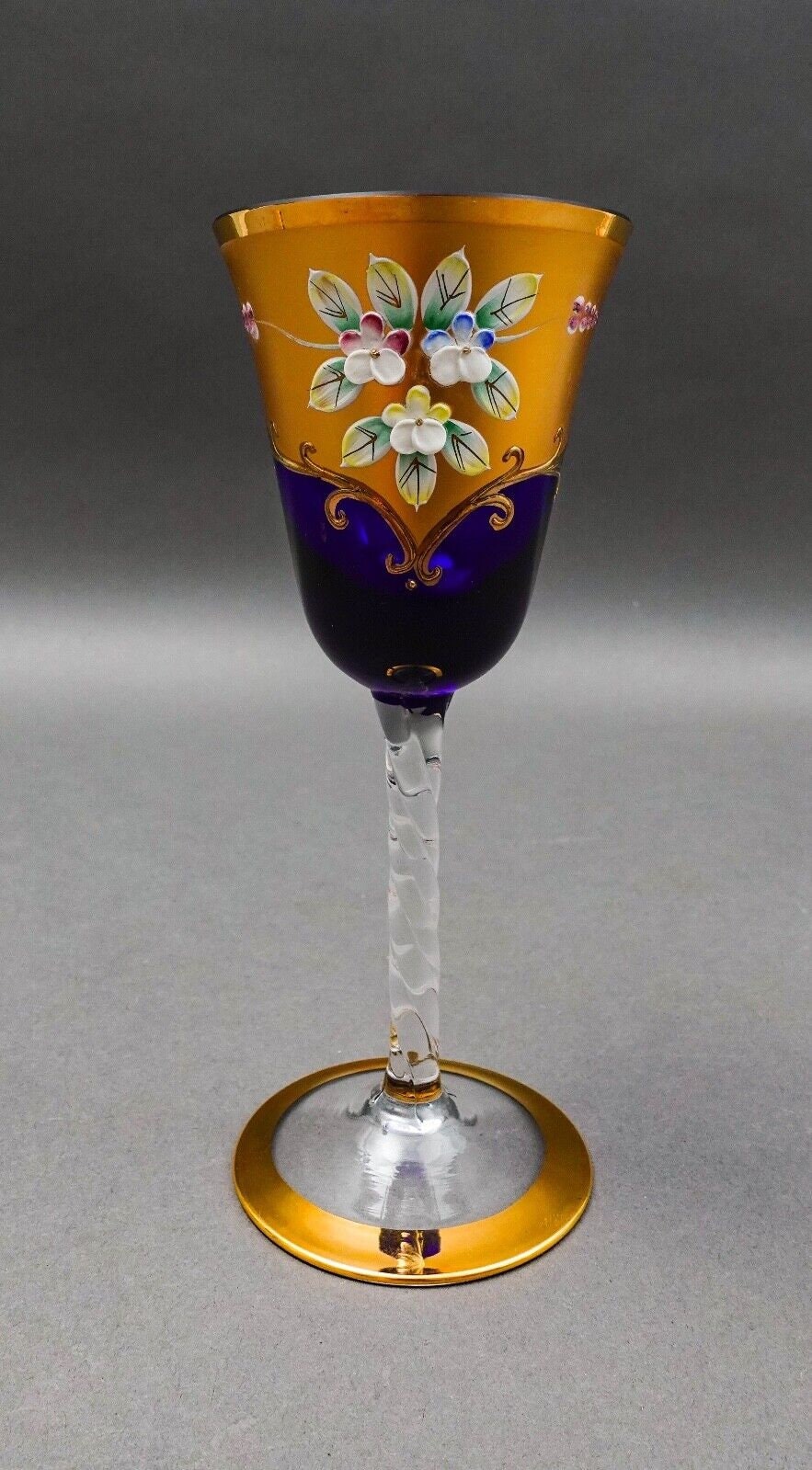Tre Fuochi Venetian Murano Glass Cobalt Blue 24K Gold Wine Glasses Set Of 6