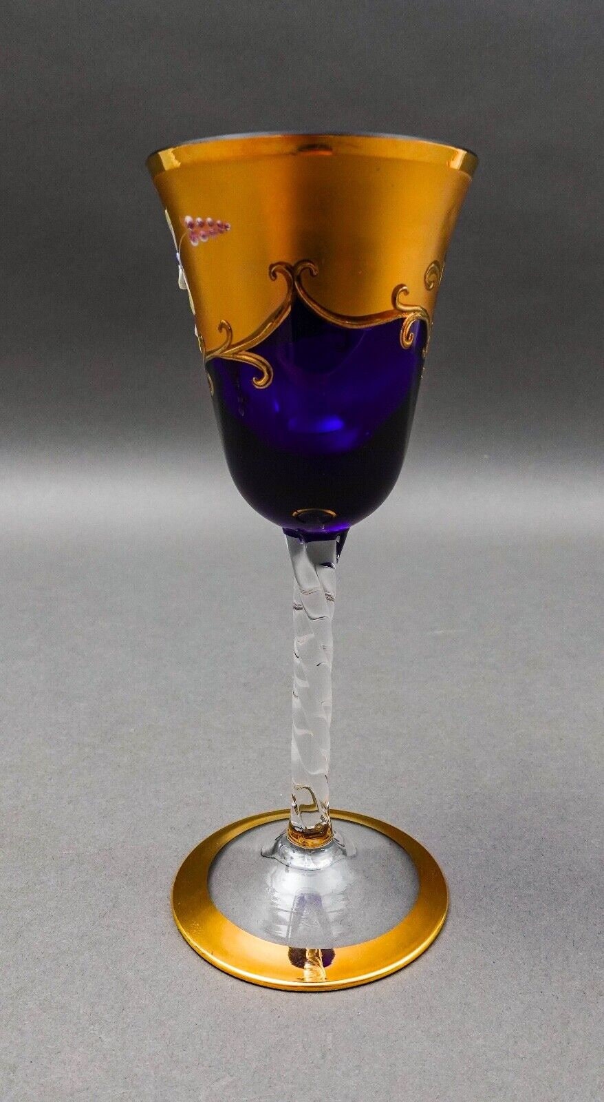 Tre Fuochi Venetian Murano Glass Cobalt Blue 24K Gold Wine Glasses Set Of 6