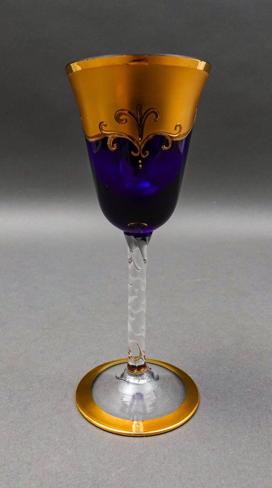 Tre Fuochi Venetian Murano Glass Cobalt Blue 24K Gold Wine Glasses Set Of 6