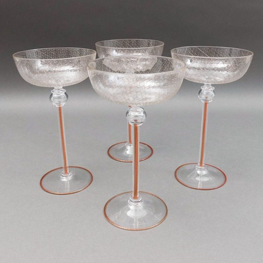 Pauly Venezia Signed Venetian Murano Aventurine Champagne Coupe Glasses Set Of 4
