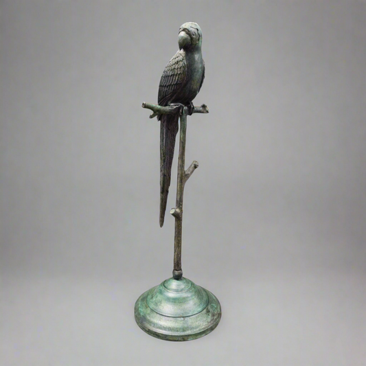 Maitland Smith Vintage Verdigris Bronze Parrot On Perch Statue Sculpture 22 1/2"