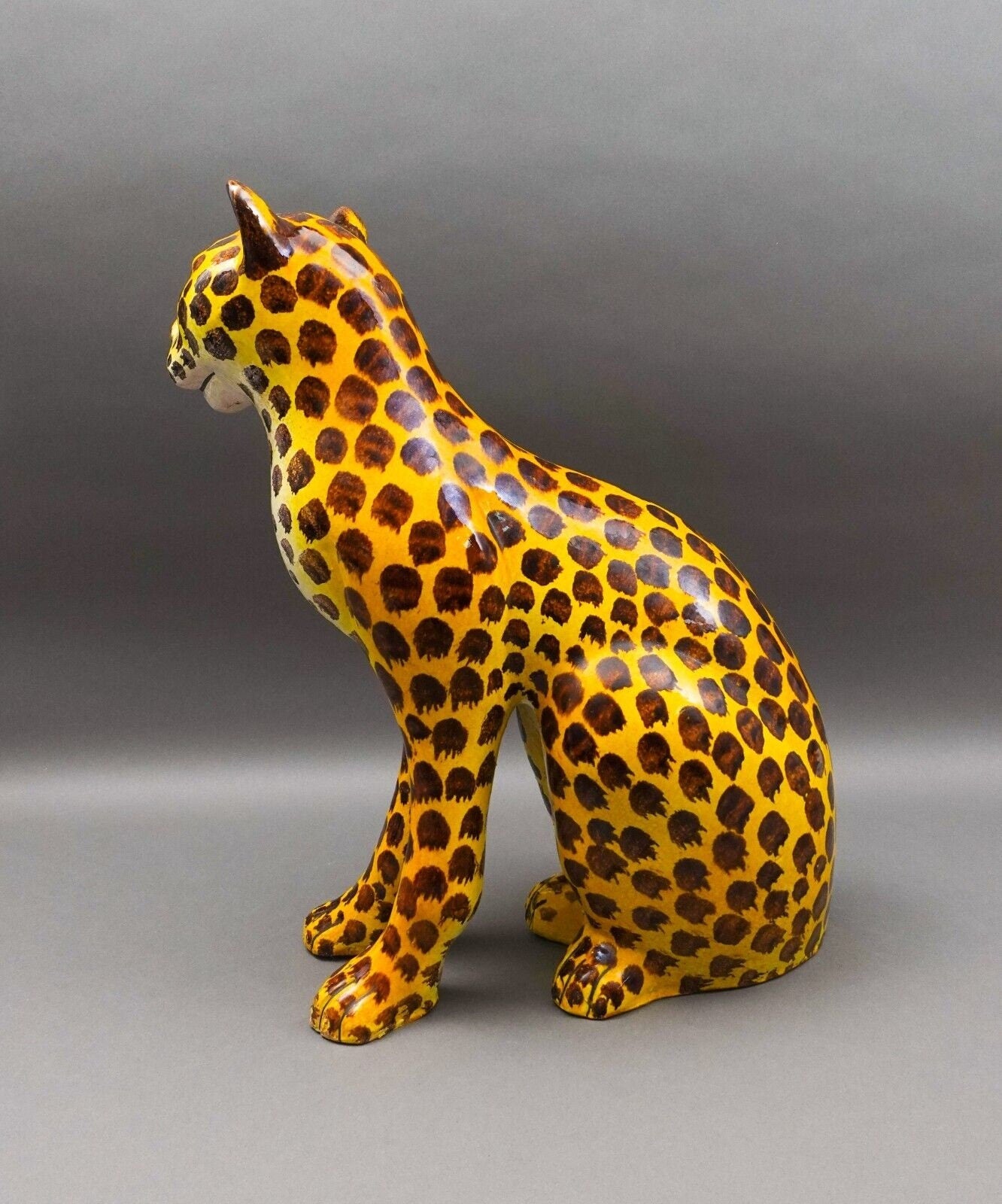 MCM Italy Large Hand Painted Terracotta Pottery Cheetah Leopard Statue Sculpture