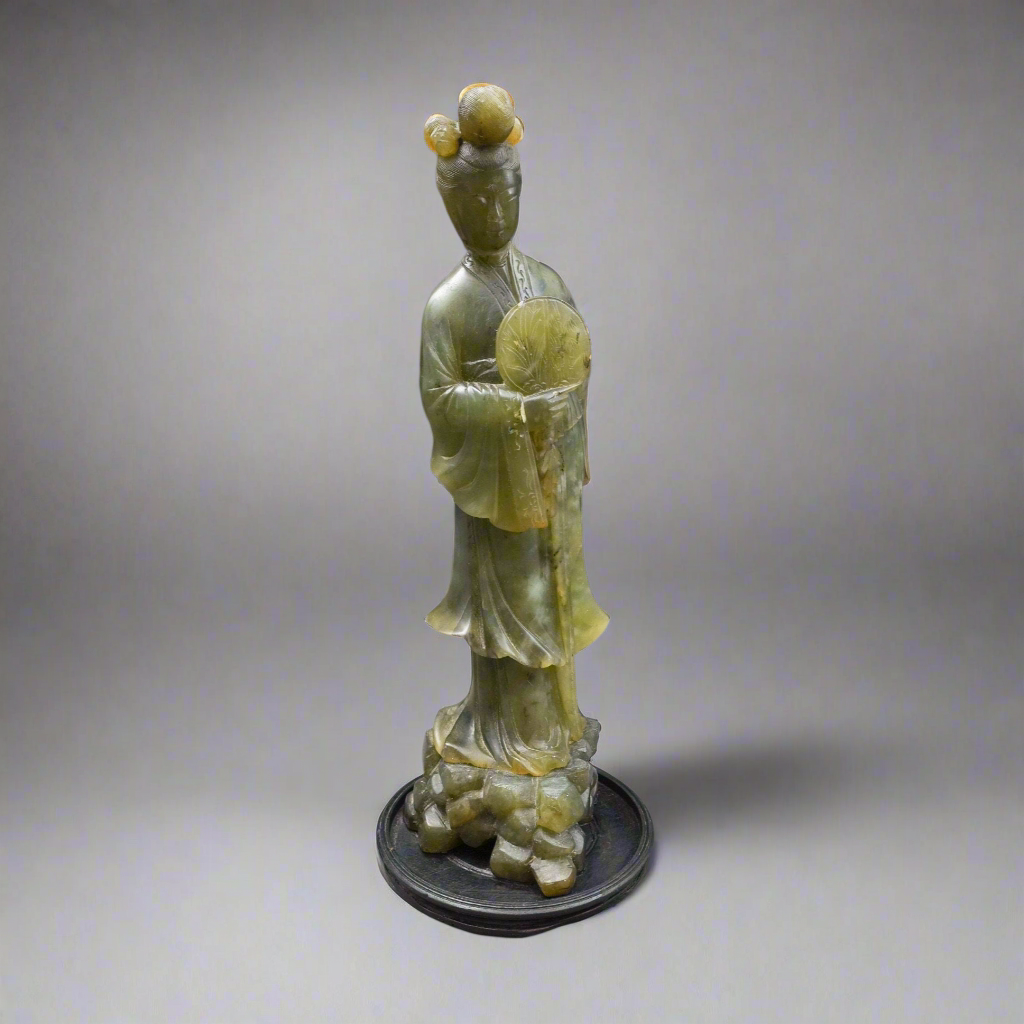 Antique Chinese Jade Carving Statue Of Standing Figure Of Woman Holding Fan 12"