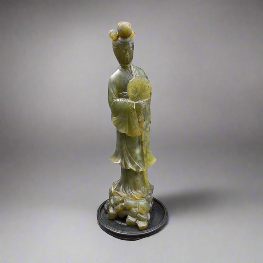 Antique Chinese Jade Carving Statue Of Standing Figure Of Woman Holding Fan 12"