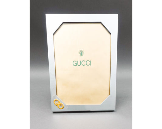 Gucci Italy Vintage Chrome Silver/Gold Tone GG Logo Picture Photo Frame 5x7 Read