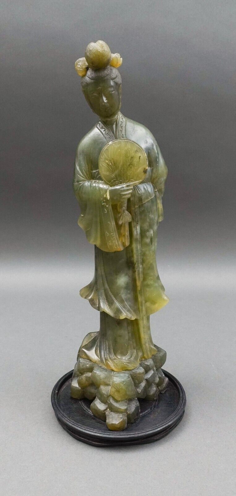 Antique Chinese Jade Carving Statue Of Standing Figure Of Woman Holding Fan 12"