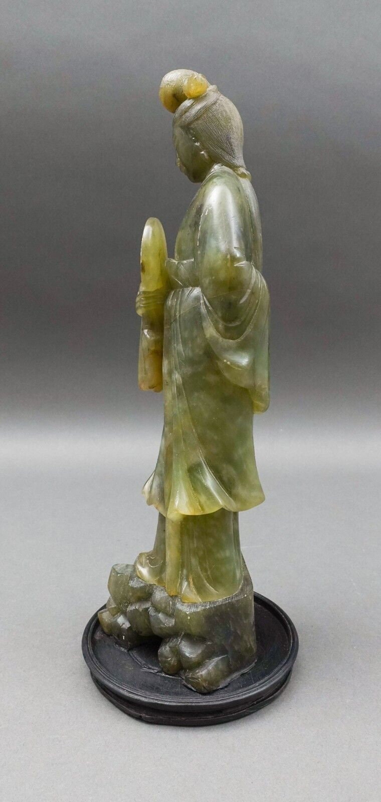 Antique Chinese Jade Carving Statue Of Standing Figure Of Woman Holding Fan 12"