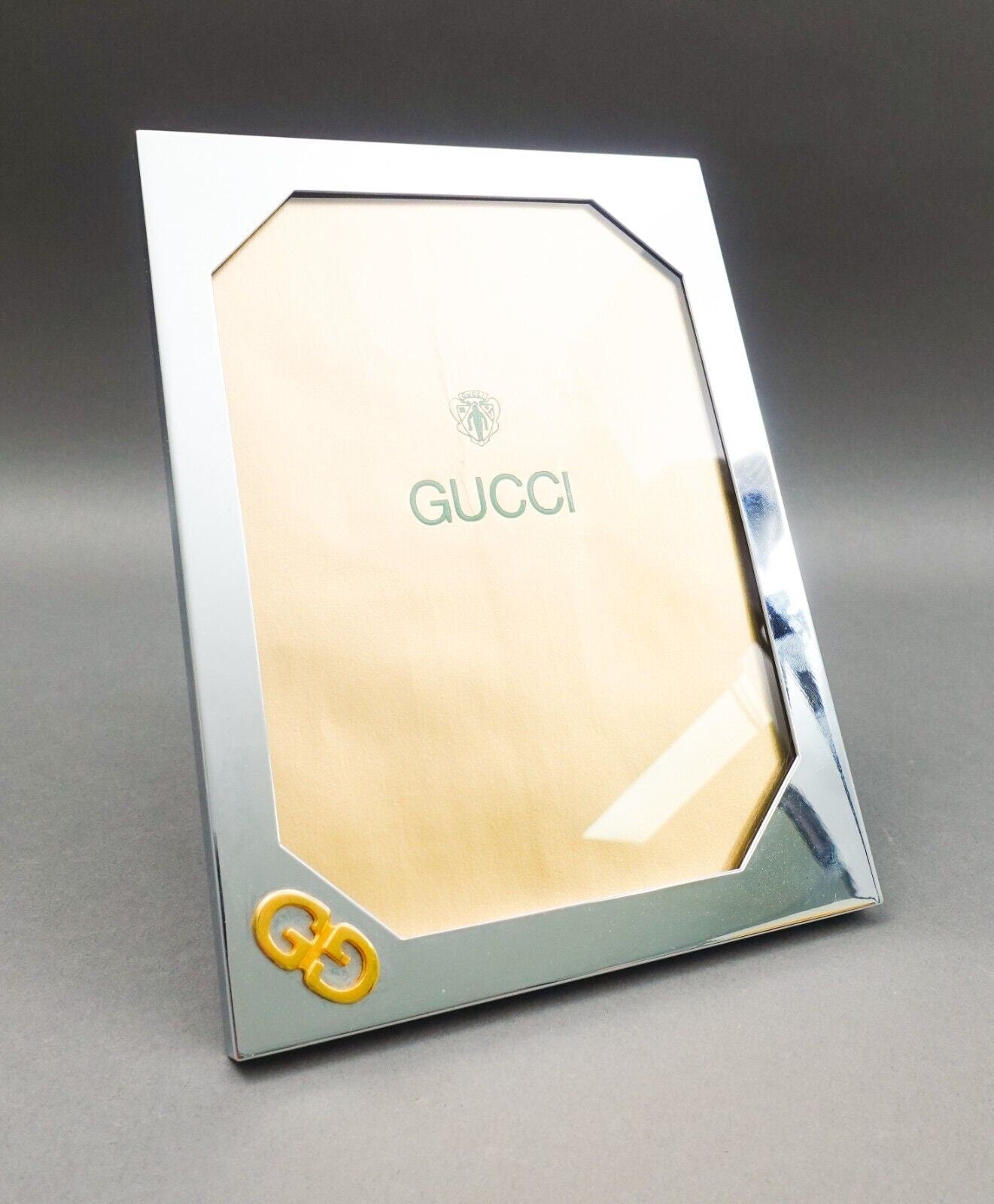 Gucci Italy Vintage Chrome Silver/Gold Tone GG Logo Picture Photo Frame 5x7 Read