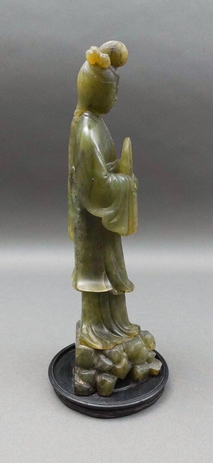 Antique Chinese Jade Carving Statue Of Standing Figure Of Woman Holding Fan 12"