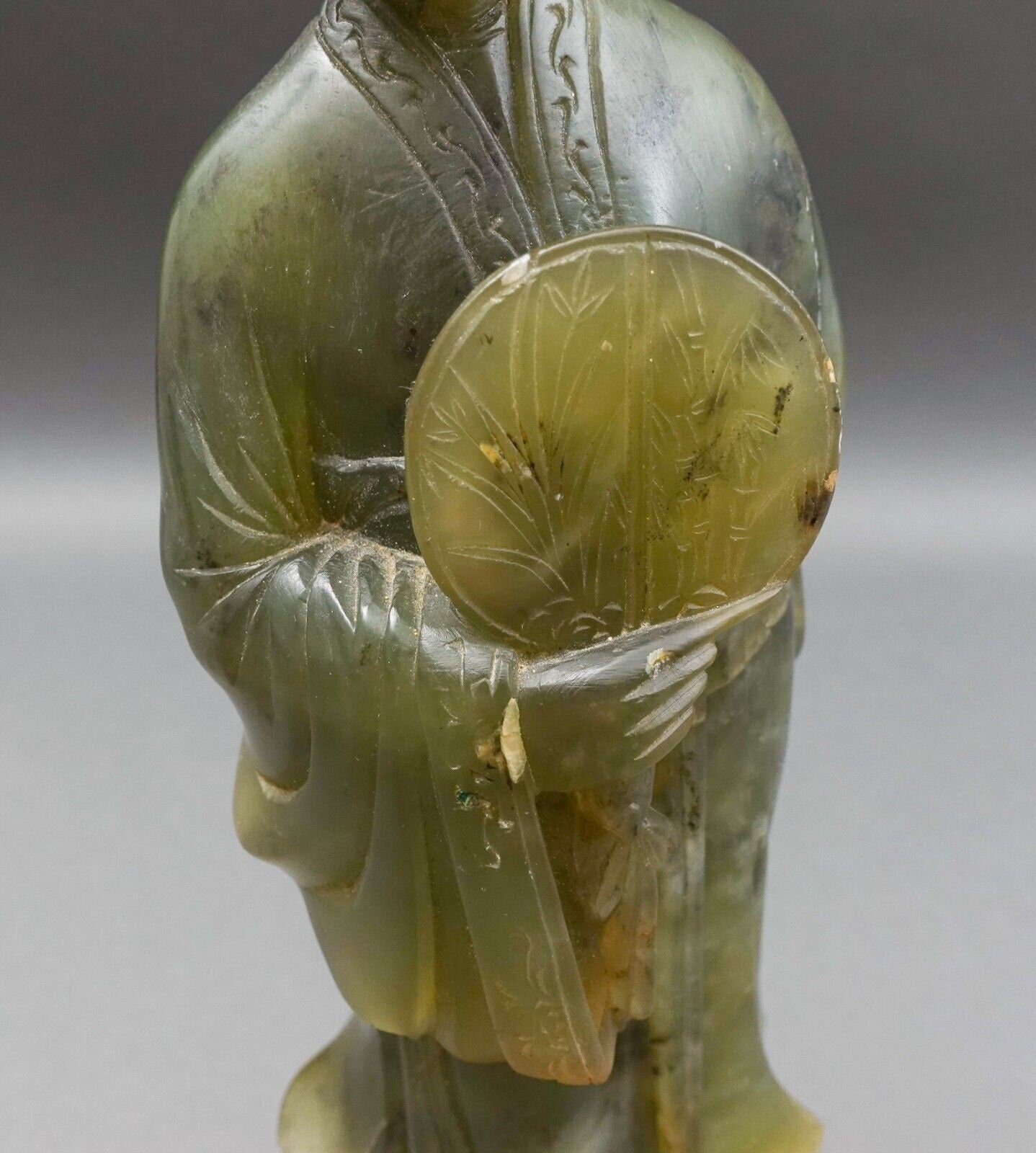 Antique Chinese Jade Carving Statue Of Standing Figure Of Woman Holding Fan 12"